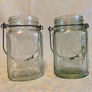 Pair 6 Inch Fleur Clear Glass Jars With Metal Handles Cottage Core Shabby Chic